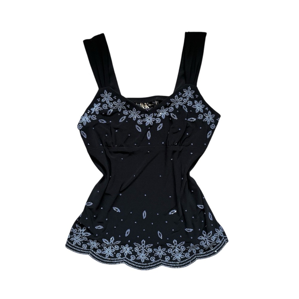 Vintage Black and Blue Floral Beaded Tank Top